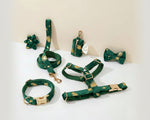 Green feather velvet dog accessories set: collar, bowtie, leash, and harness pieces