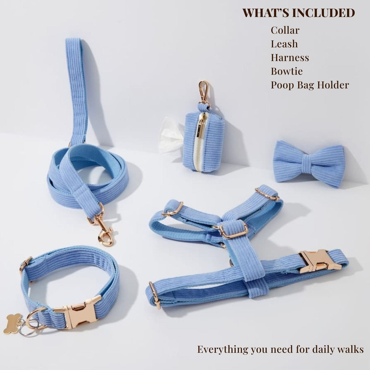 Light blue corduroy dog walking set: collar, leash, harness, bowtie, and poop bag holder