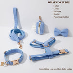 Light blue corduroy dog walking set: collar, leash, harness, bowtie, and poop bag holder