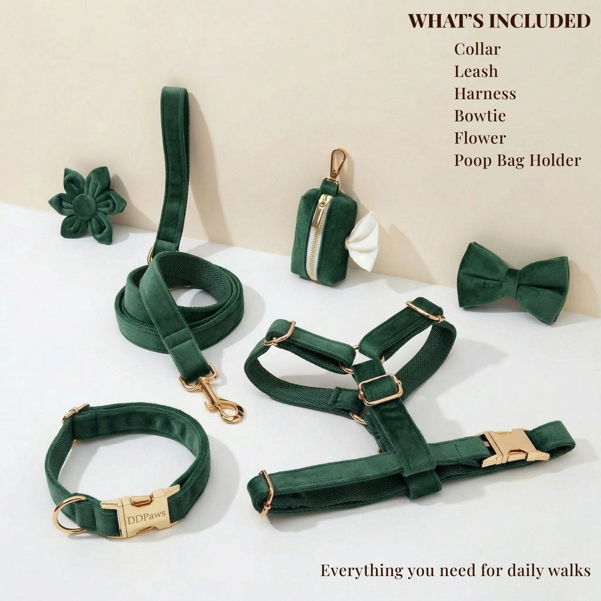 Teal velvet dog walk set with collar, leash, harness, bowtie, and flower