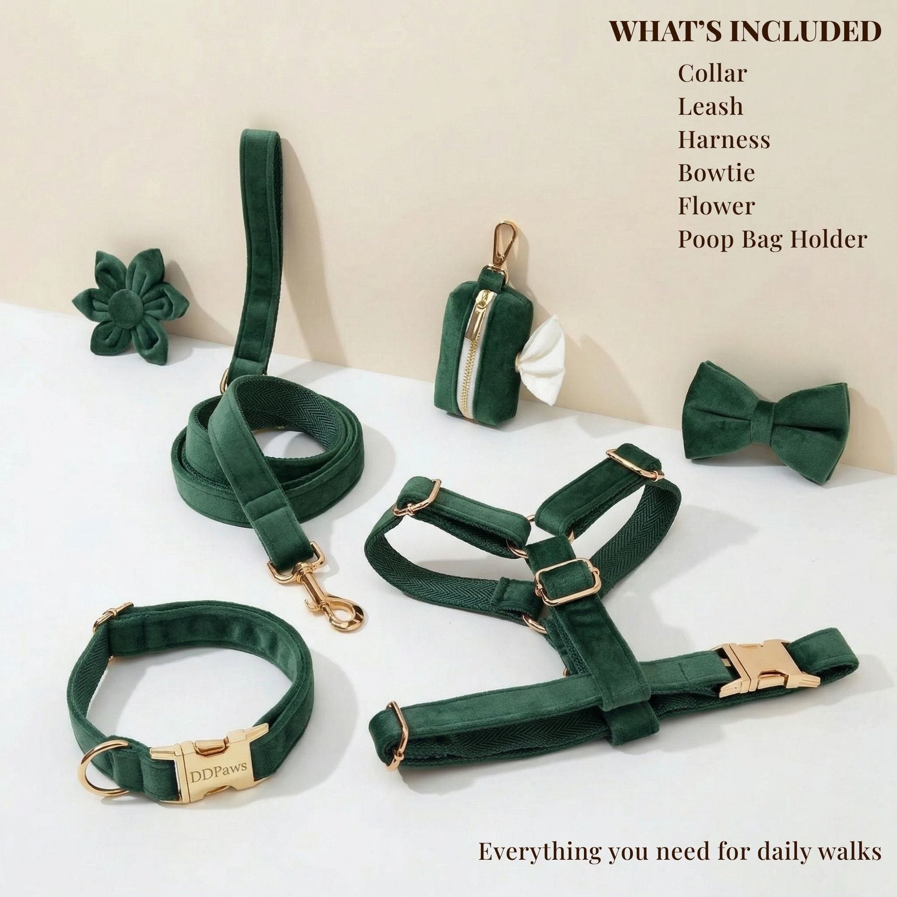 Teal velvet dog walk set with collar, leash, harness, bowtie, and flower