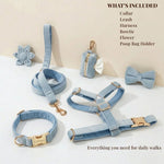Light blue dog collar accessories set: leash, harness, flower, poop bag holder and bowtie