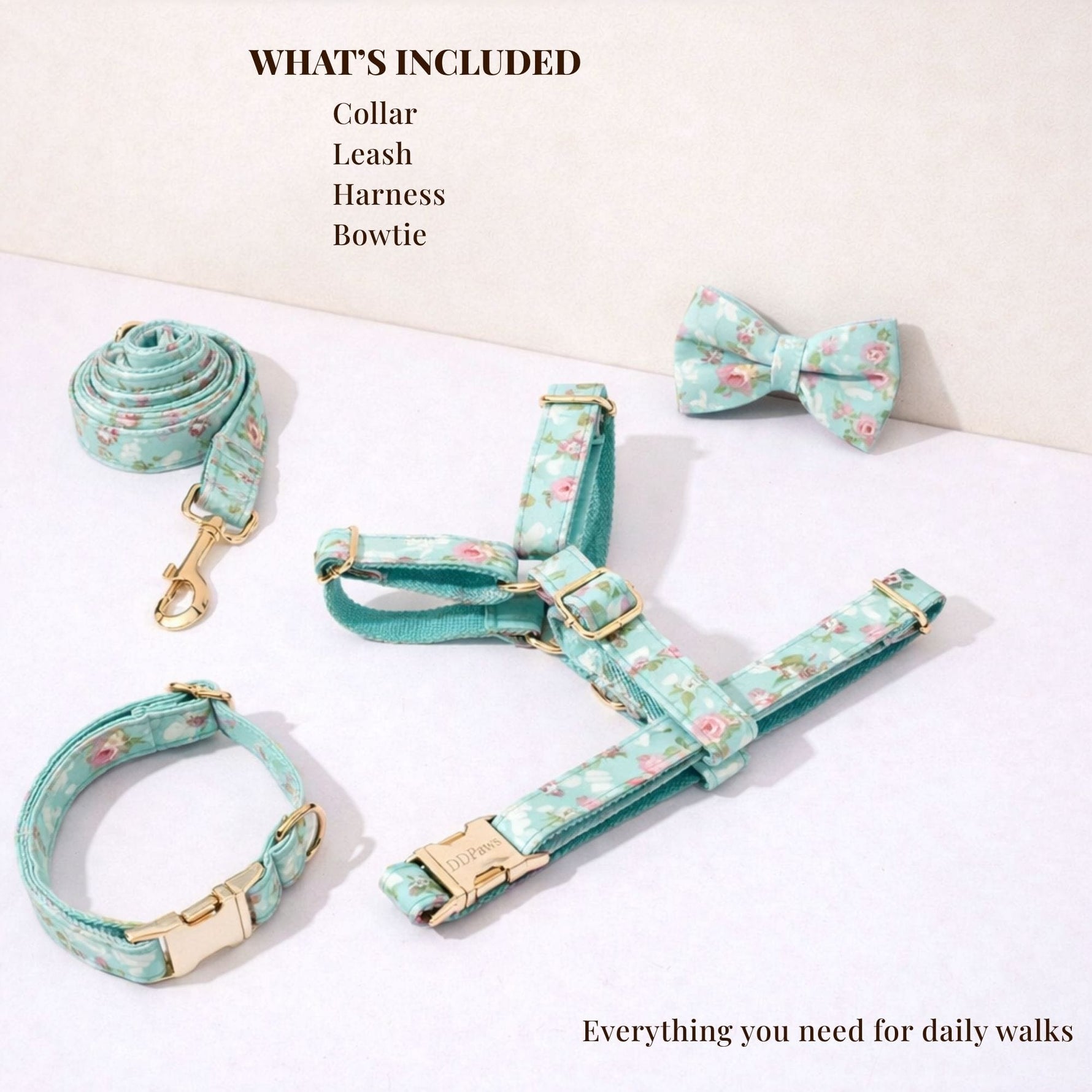 Floral dog collar, leash, harness, and bow tie set with gold hardware
