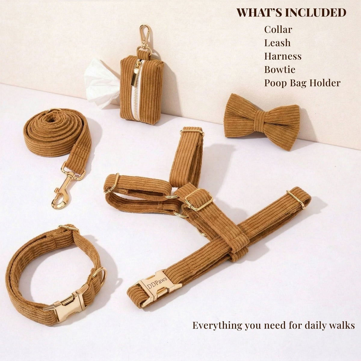 Caramel corduroy dog accessories set: collar, leash, harness, bowtie, and poop bag holder