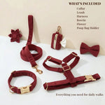 Dark red corduroy dog walking set: collar, leash, harness, bowtie, and poop bag holder laid out