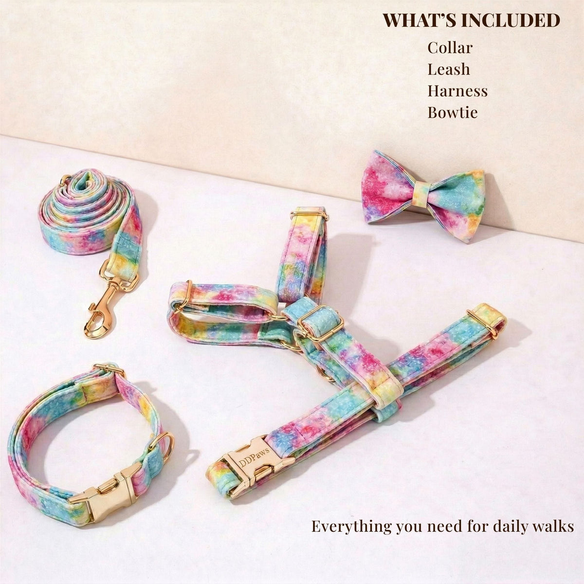 Pet collar, leash, harness and bowtie set with rainbow watercolor print