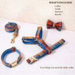 Plaid dog collar, leash, harness, and bow tie set laid out, blue and rust