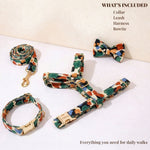 Dog collar, leash, and bowtie set with multicolor floral fabric and gold hardware