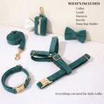 Dark green corduroy dog set including collar, leash, harness, bowtie, and poop bag holder