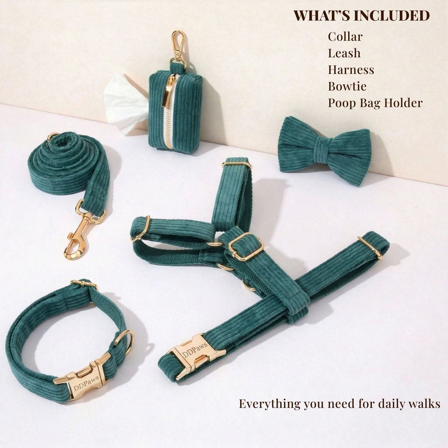 Dark green corduroy dog set including collar, leash, harness, bowtie, and poop bag holder