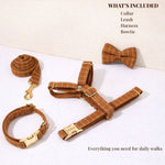 Brown plaid dog collar, leash, harness, and bow tie set laid out