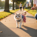 Small cat wearing red-and-white check pet dress with denim top and bow