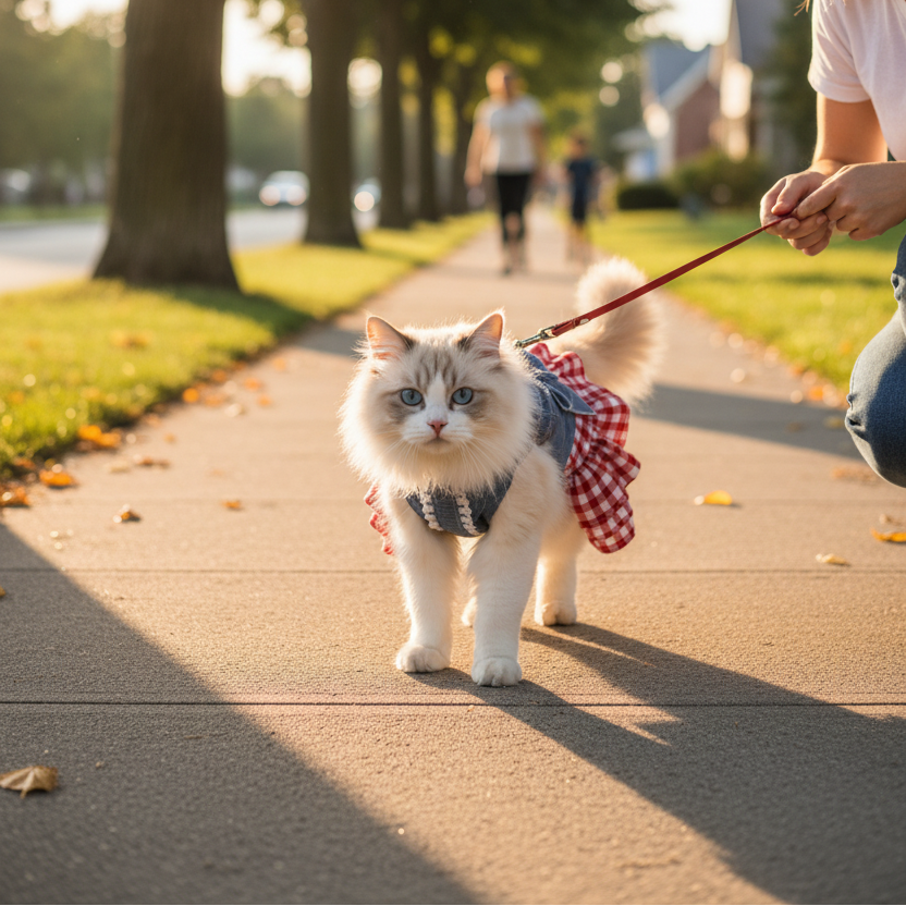 Small cat wearing red-and-white check pet dress with denim top and bow