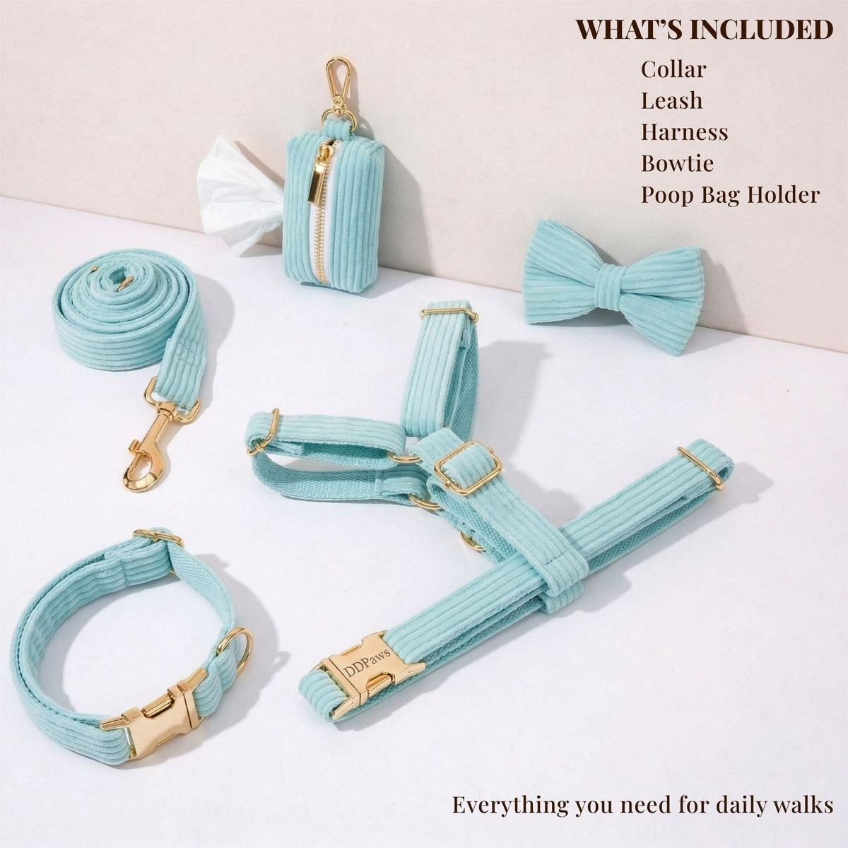 Turquoise corduroy dog collar, leash, harness, bowtie, and poop bag holder kit