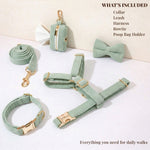 Light green corduroy dog walking set including collar, leash, harness, and bowtie
