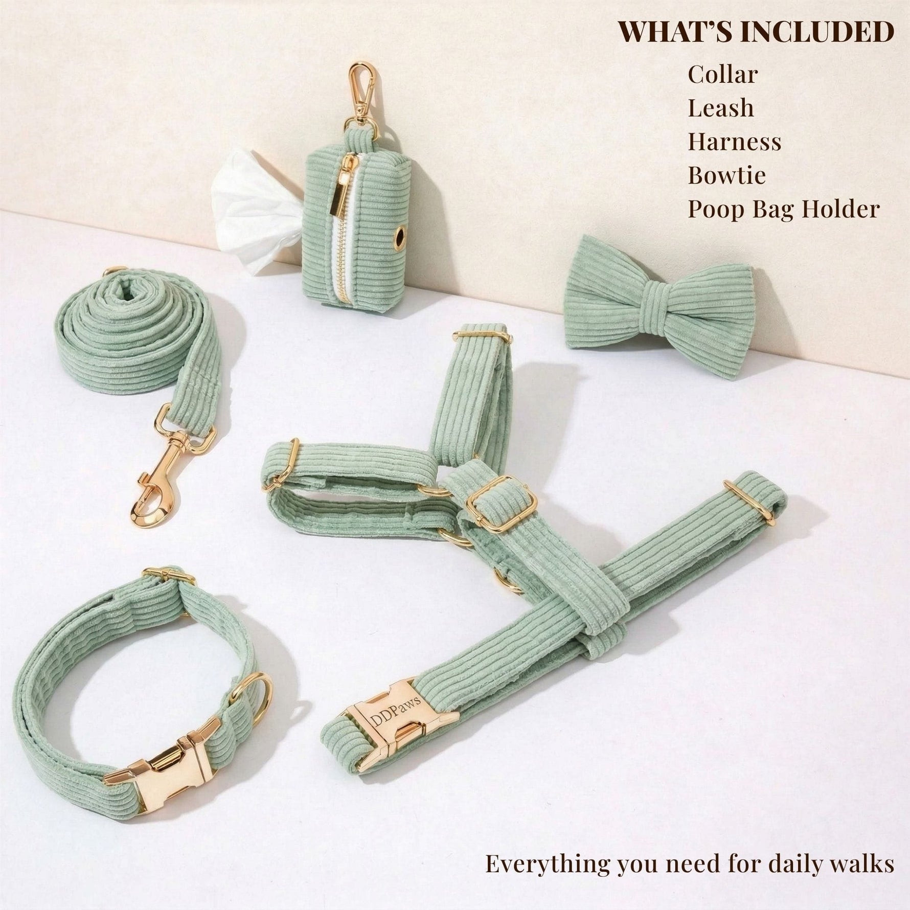 Light green corduroy dog walking set including collar, leash, harness, and bowtie
