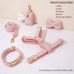 Pink corduroy dog leash and bowtie with collar and harness pieces, gold clasps