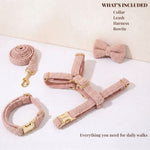 Blush pink pet collar, leash, harness and bowtie set laid out with gold clasps