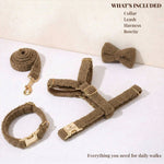 Brown teddy dog collar and leash with bowtie, plus harness strap pieces with metal clips
