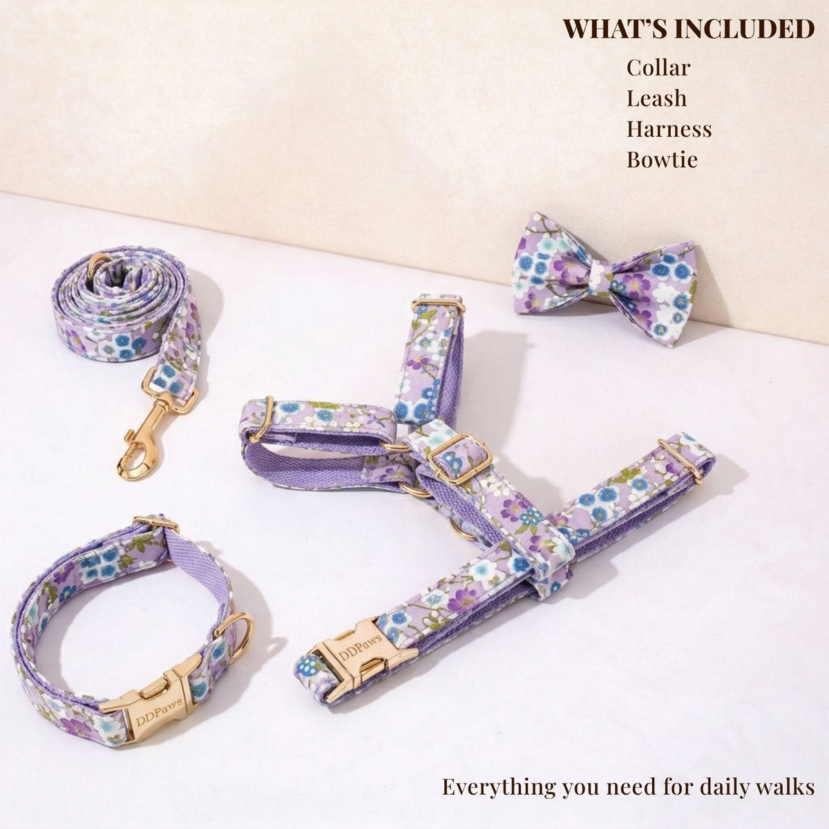 Lilac meadow floral dog accessories set: collar, leash, harness, and bow tie