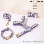 Lilac meadow floral dog accessories set: collar, leash, harness, and bow tie