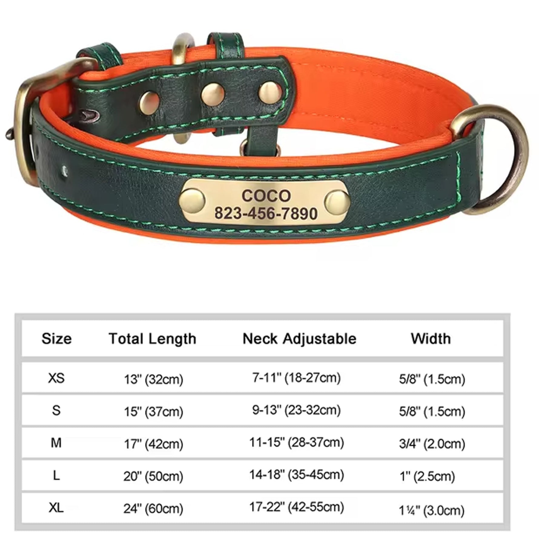 Green and orange PU leather dog collar with engraved ID tag reading COCO