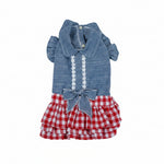 Pet denim top and red-white check skirt dress with bow and front buttons