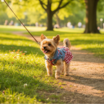 Small dog wearing red-and-white check pet dress with denim top and bow