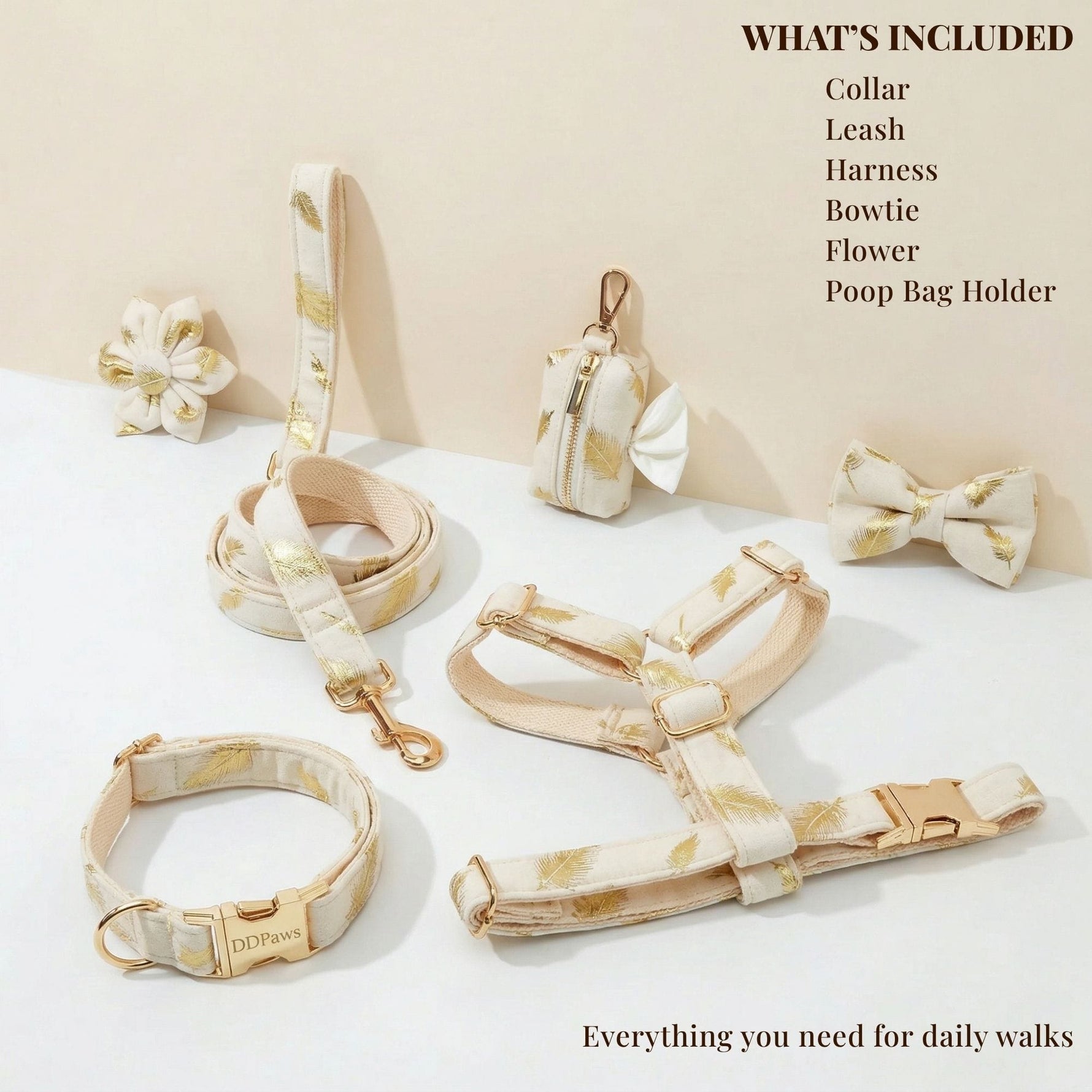 Ivory velvet dog walking set with collar, leash, harness, bowtie, flower, and poop bag holder