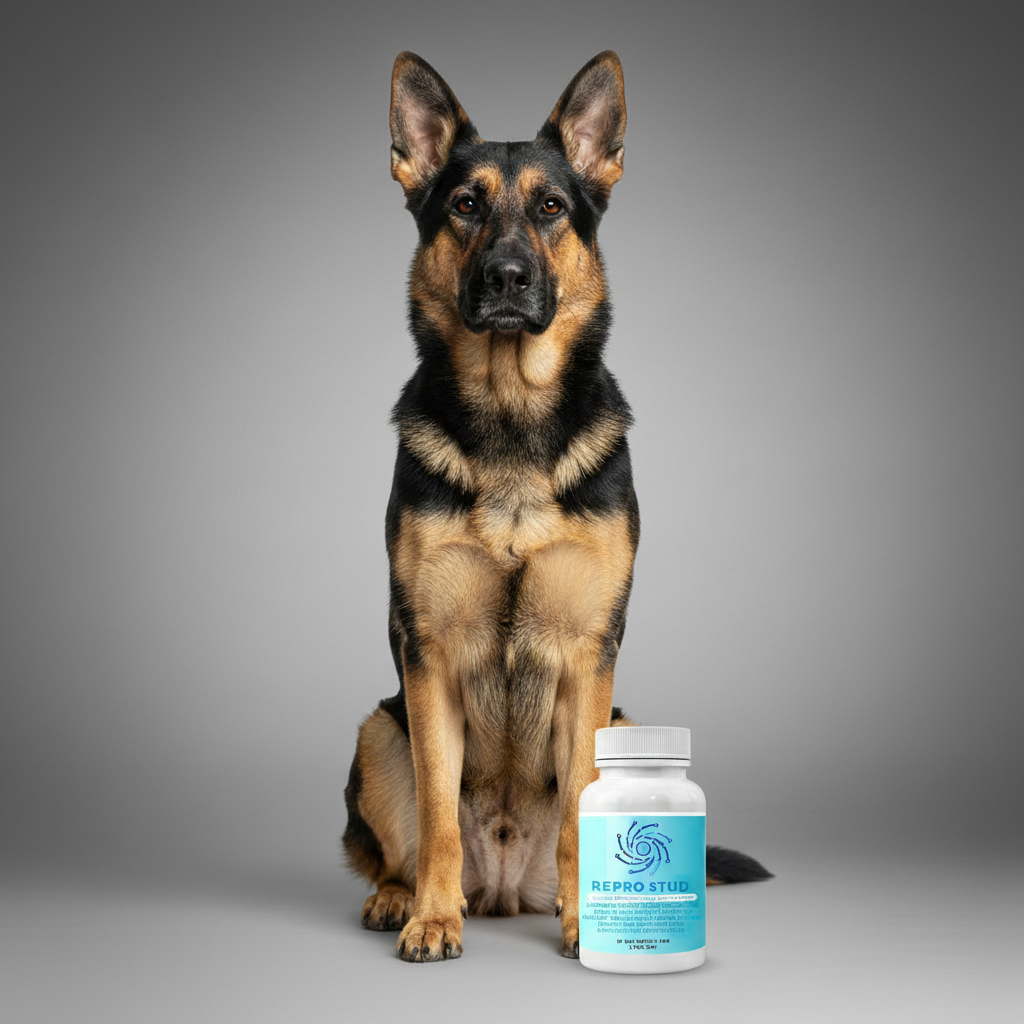 Canine reproduction supplement bottle beside a standing German Shepherd dog