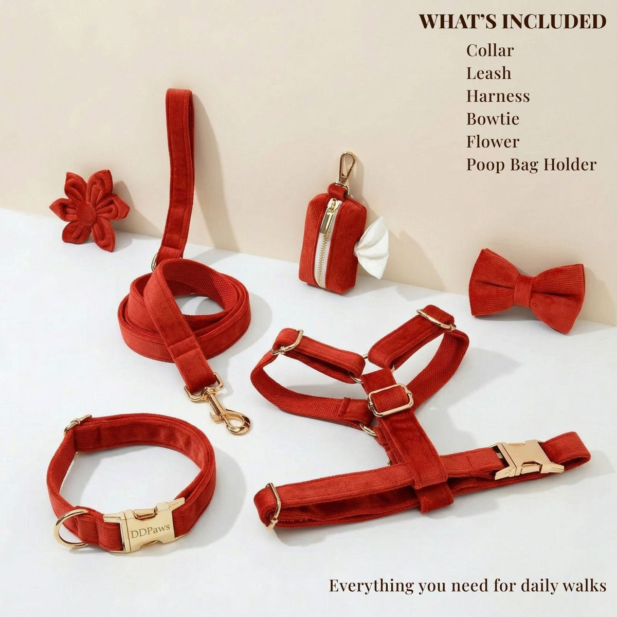 Red velvet pet walking set with collar, leash, harness, bowtie, flower, poop bag holder