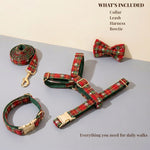 Red and green plaid dog collar, leash, harness and bowtie set (flat lay)