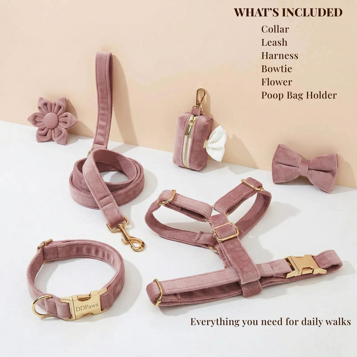 Light purple velvet dog accessory set: collar, leash, harness, bowtie, flower, poop bag holder