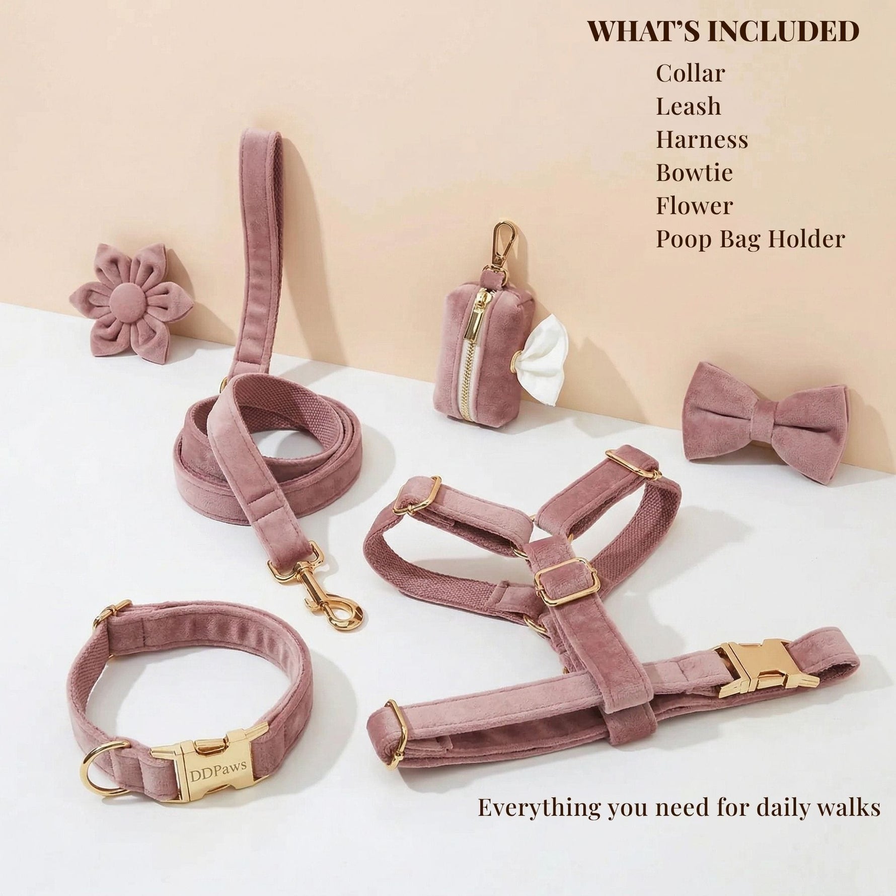 Light purple velvet dog accessory set: collar, leash, harness, bowtie, flower, poop bag holder