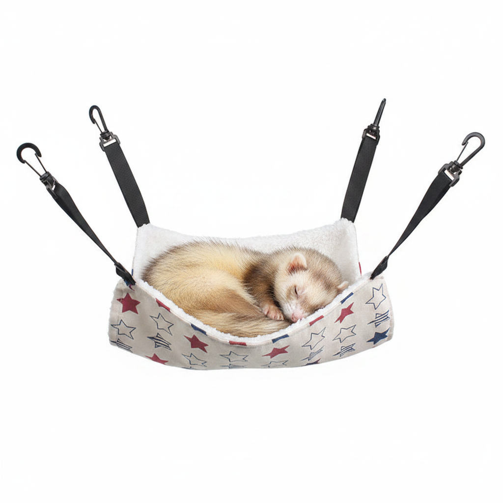 Hanging cat hammock bed with star print fabric and soft white lamb fleece insert