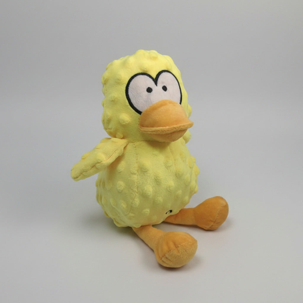 Yellow duck plush pet toy with orange beak and soft fabric feet