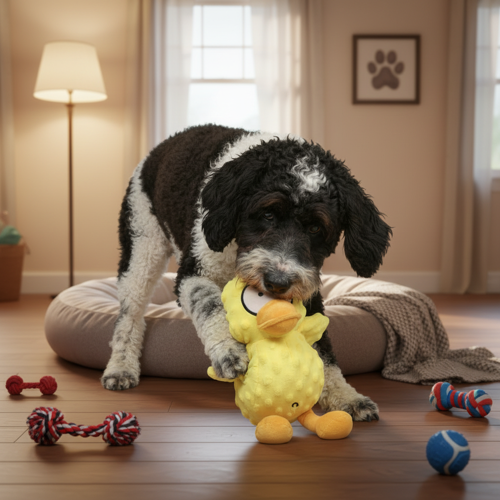 Yellow duck plush pet toy with orange beak, textured wings, and plush body