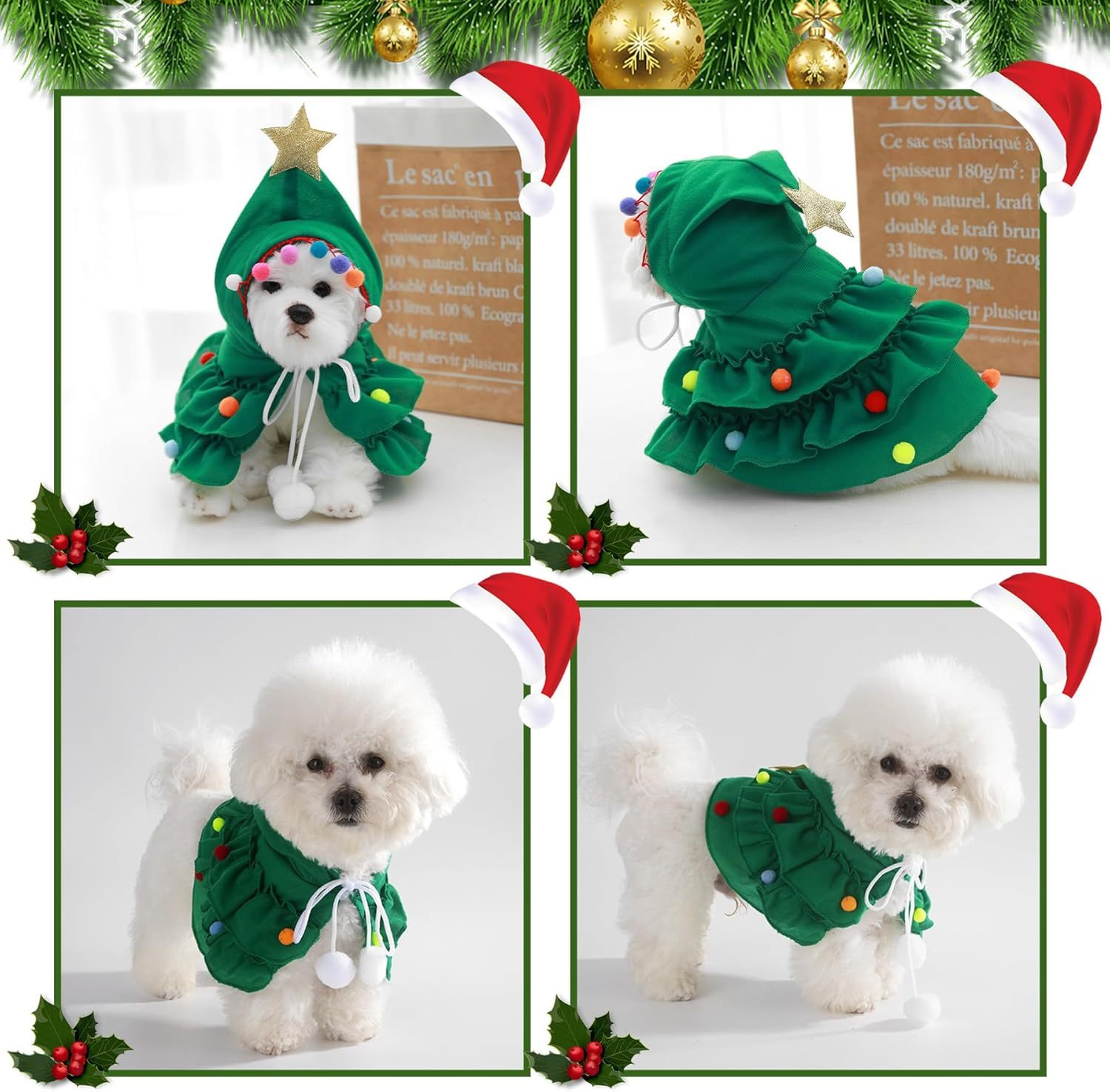 Green Christmas tree pet costume with gold star hood, colorful pom-poms, and white hanging ties