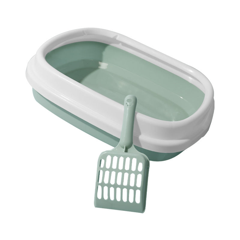 Anti-splash litter box tray in mint green with white frame and matching scoop