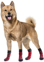Dog wearing red and black plaid cotton socks with paw-print anti-skid soles