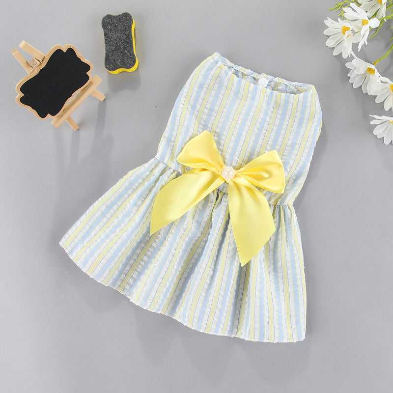 Light blue striped cat bow skirt with large yellow ribbon