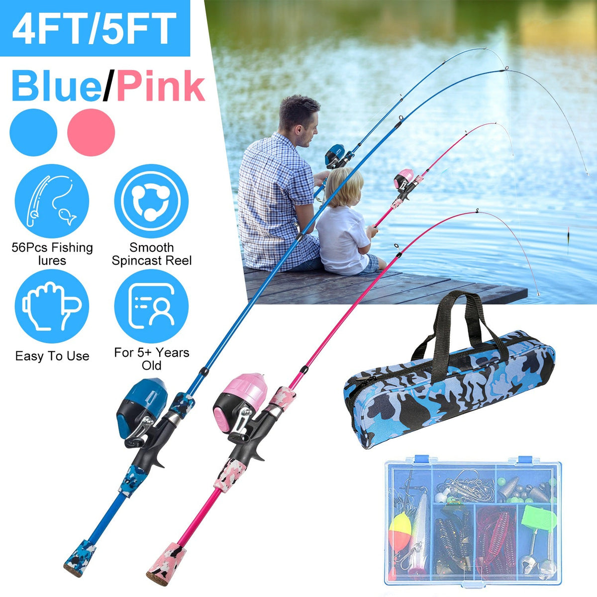 Kids fishing pole set with blue and pink spincast rods and a camouflage tackle carry bag