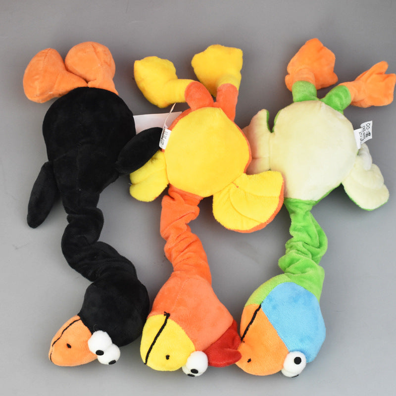 Plush bite-resistant dog toy with squeaker; yellow, orange, black, green and blue rope shape.