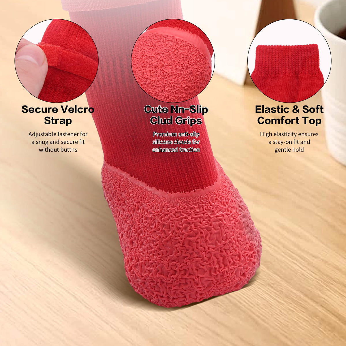Red anti-slip dog sock with textured paw-grip sole and elastic knit cuff.