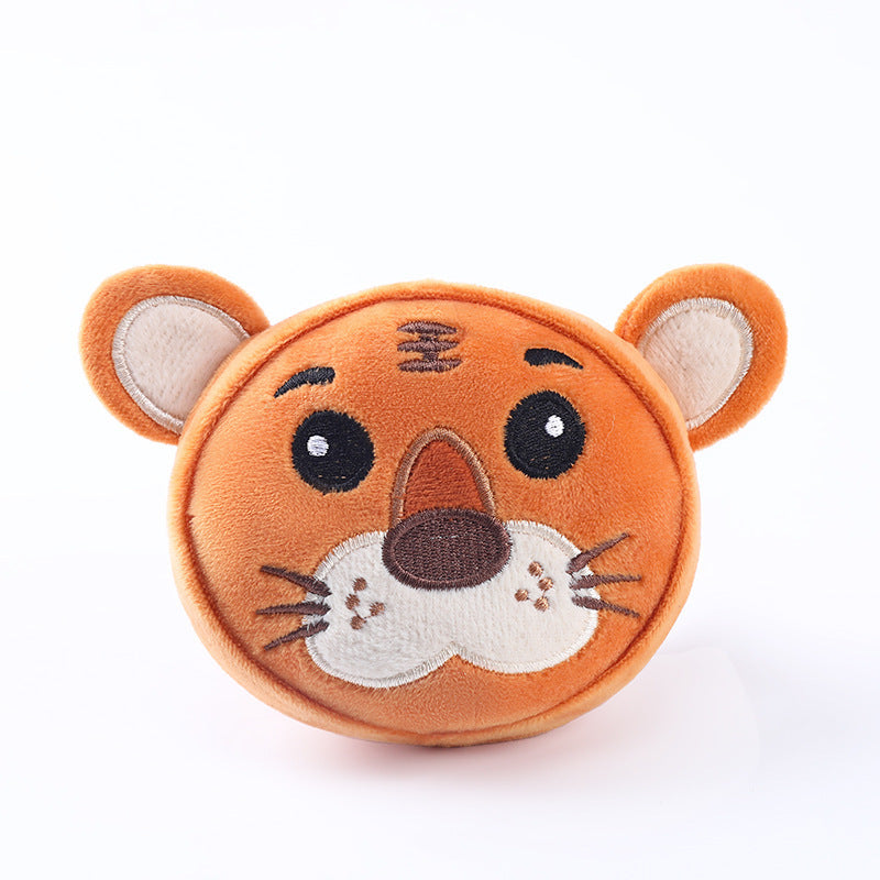 Orange tiger-faced bite-resistant teething plush toy with stitched ears and whiskers