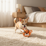 Vocal teething plush toy with an orange tiger face and soft plush body