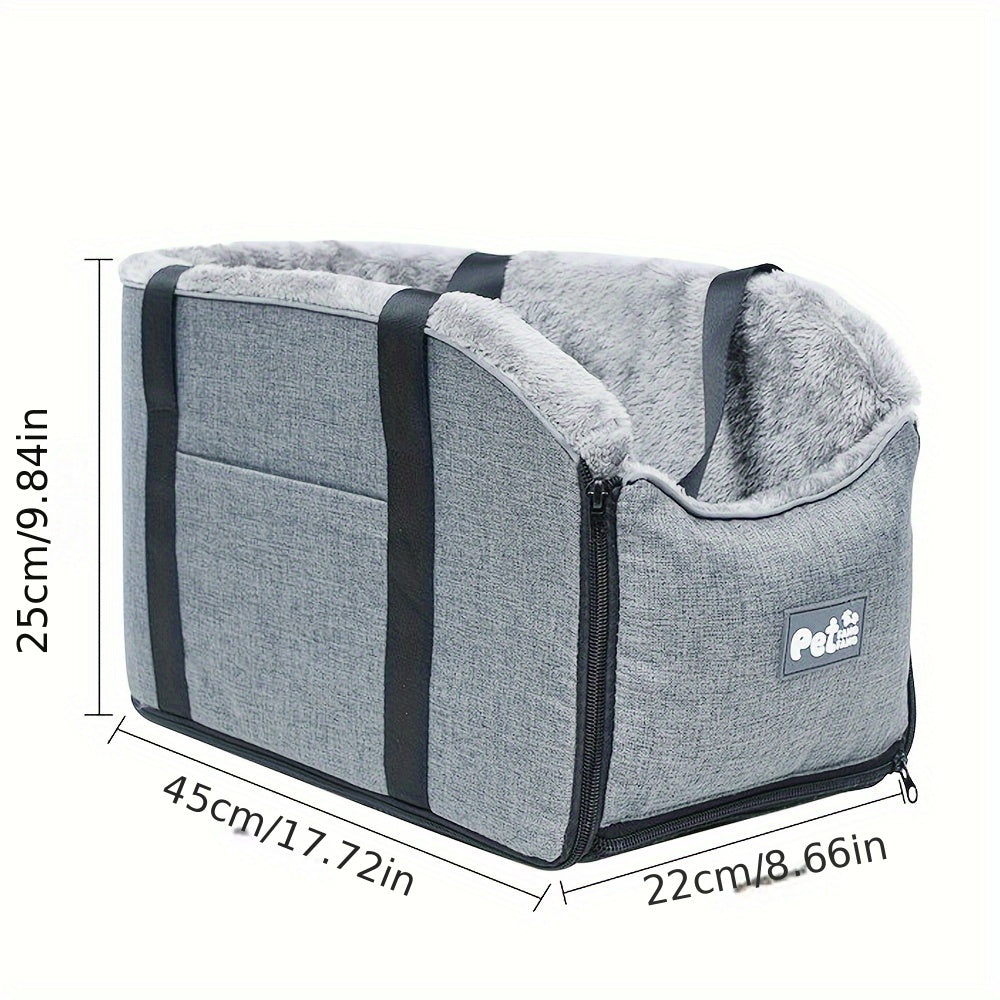 Grey pet car seat with plush lining, front zipper, and carry handle straps