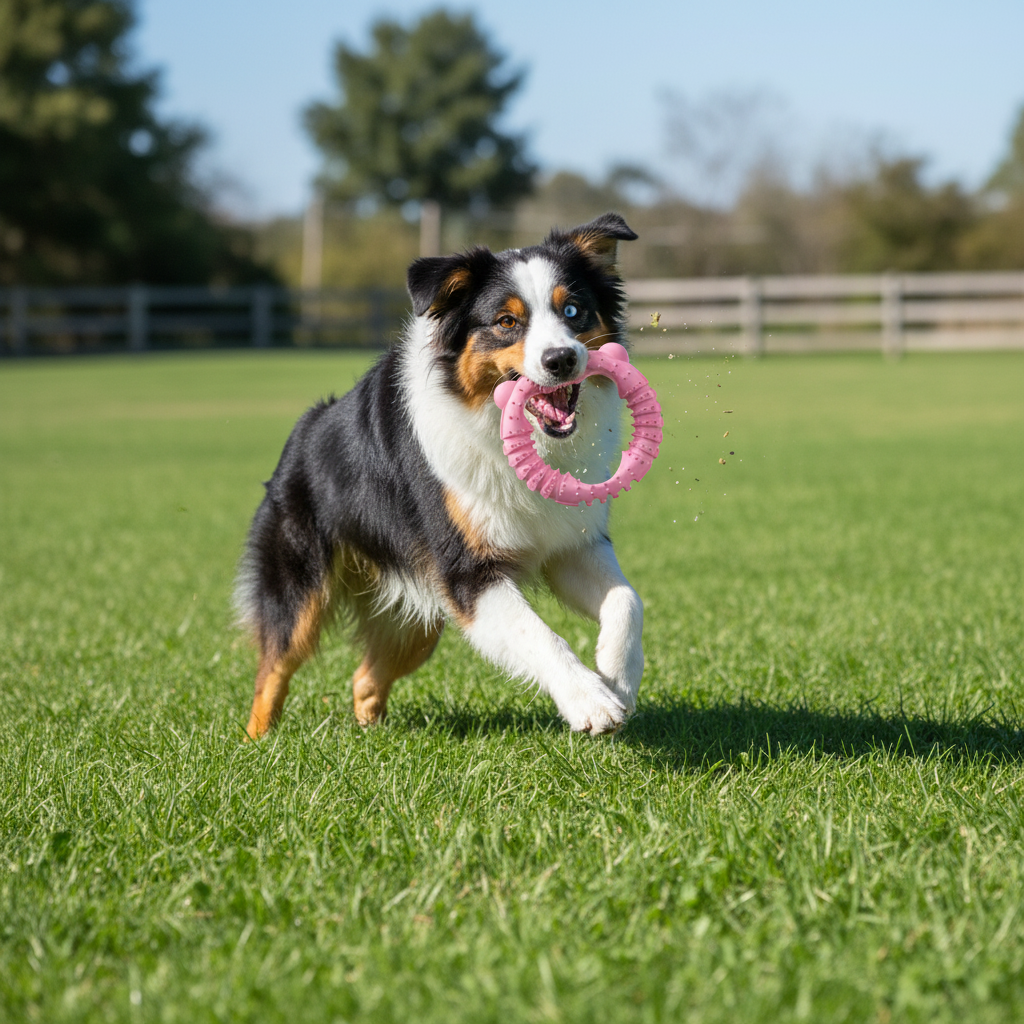 Hund beim Kauen auf roséfarbenem Bären-Ringhundespielzeug mit Noppenstruktur