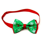 Green Christmas bow tie for pets with red band and snowflake holiday pattern