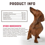 Brown dog next to product info panel listing cranberry extract and other ingredients